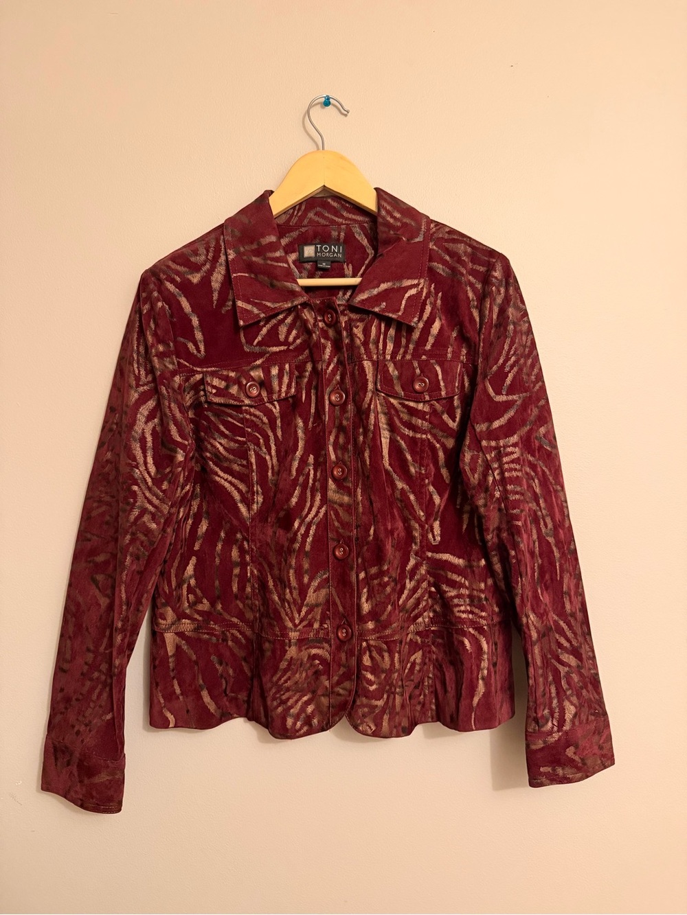 Toni Morgan Women’s Printed Burgundy Button-Up Jacket (M)